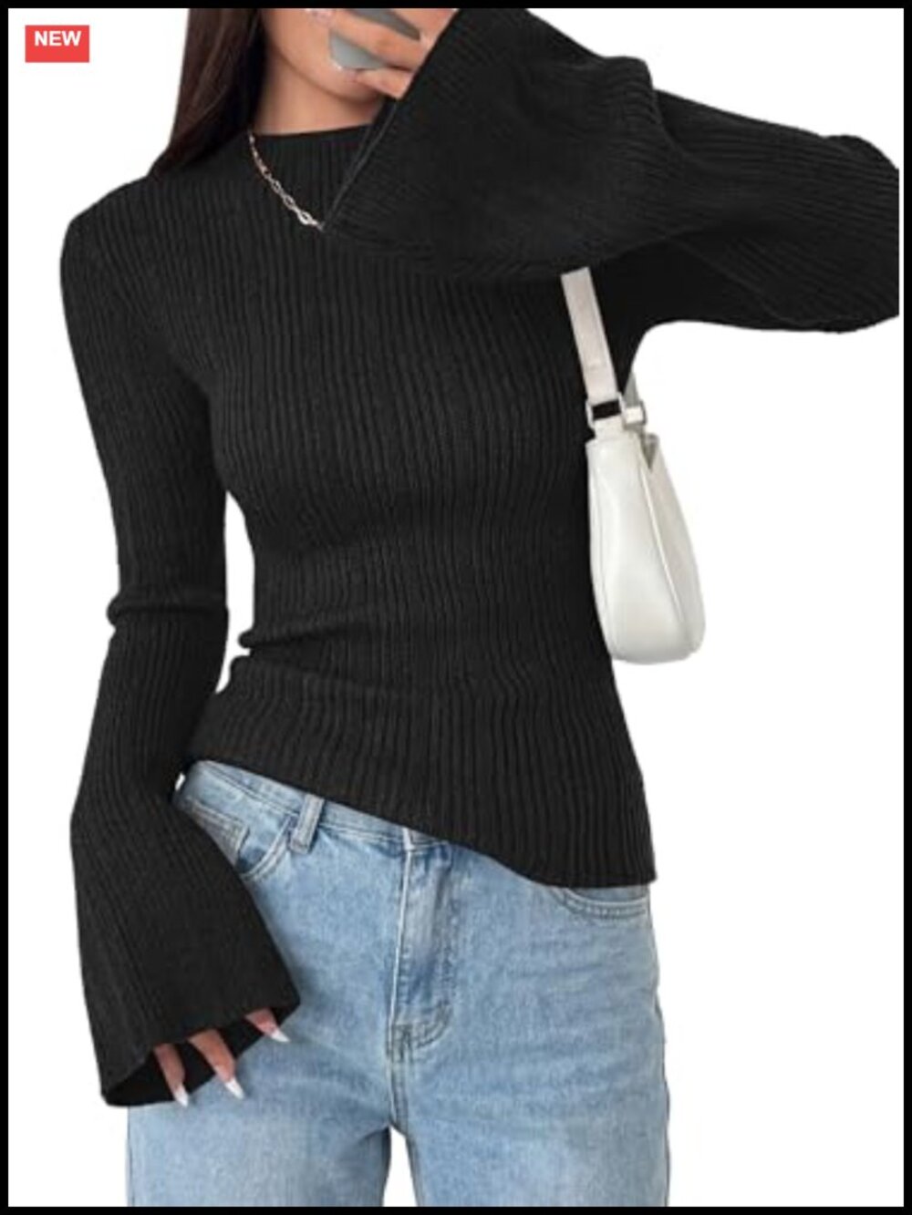 Women's Bell Sleeve Pullover Sweater Ribbed Knit Mock Neck Long Sleeve Fitted